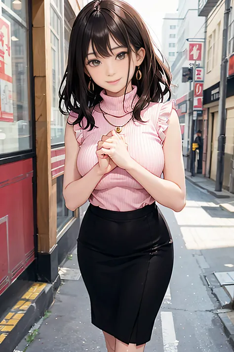 (Pale pink turtleneck sleeveless knit)、pencil skirts、20 year old girl, breasts of medium size,, Tron bulge in the chest、Pinch your chest with your arms、brown haired、Long Wave Hair,in the city street, a necklace、Earring、knee high stockings、high-heels ((Very...