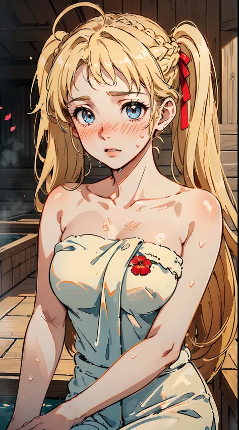 ((((((( ,Blushing,Watery cheeks,blonde hair，large towel))))))，((1girl,Solo,Solo,Solo,Amazing,Cute Korean mixed-race girl，rosto magro,))(Masterpiece,Best quality, offcial art, Beautiful and aesthetic:1.2),((HD,Golden ratio,)) (4k),((Rose petals，snow,snow pi...