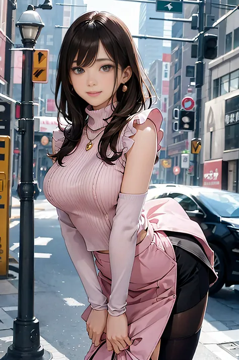 (Pale pink turtleneck sleeveless knit)、pencil skirts、20 year old girl, breasts of medium size,, Tron bulge in the chest、Pinch your chest with your arms、brown haired、Long Wave Hair,in the city street, a necklace、Earring、knee high stockings、high-heels ((Very...