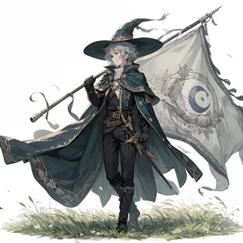 (masterpiece, Best Quality), (Perfect athlete body:1.2), (detailed hairs), Ultra-detailed, Anime style, Full body, solo, young man, fantasy bard, dark green broad-brimmed hat and cloak, it carries a huge military flag embroidered with a silver moon, gray c...