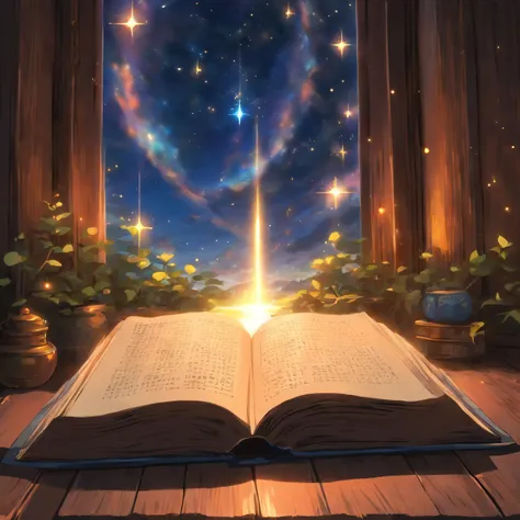 SACRED BIBLE, Beautiful, Page open to Psalm 91, capa com detalhes dourados, sobre uma mesa de madeira, Ao fundo, A window with a starry night sky. riqueza de detalhes, qualidade superior, 32k ou milho. Estilo Pixar.