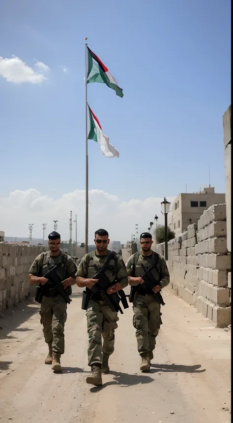 Men wearing military attributes carry Palestinian flags