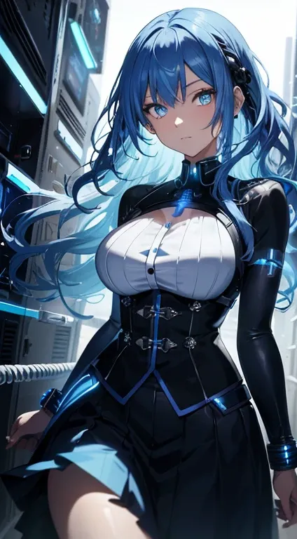 ((masutepiece)),(Best Quality),(Detailed),(1girl in),Glowing blue hair, Blue glowing eyes, Wavy Hair, White shirt, Black skirt, android, Data Stream, cables, wires, Charging, Digital Chain, Large breasts, gazing at viewer , breast closeup