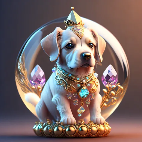 A cute crystal ball zodiac dog embellished with various jewelry ornaments and low-poly eyes is a highly detailed and complex conceptual art craft using Artstation 8k quality.