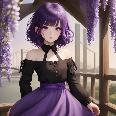 Short hair, wolfcut hairstyle, purple eyes, black and purple hair, a small mole above eye, beautiful lashes, nature, bridge,wisteria flower, purple dress, beautiful dress, black shirt with an oversized sleeve and a collar, a ribbon on collar, a showed shou...