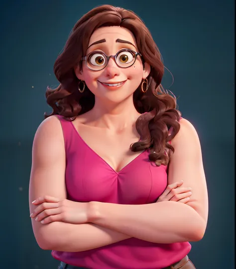 Mulher branca de 40 anos, medium dark brown hair, cabelo enrolado, olhos castanhos, wearing a pink spaghetti strap blouse, sorrindo, with arms crossed. Em uma sala de aula vazia. Estilo Disney Pixar, alta qualidade