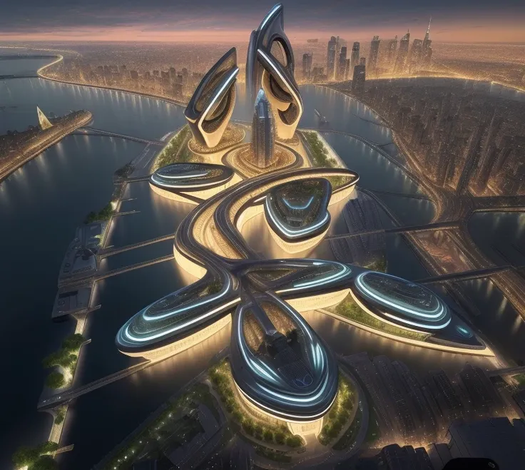 In a futuristic city with a river and bridges, with inspiration from Zaha Hadids architectural style, create a picturesque scene. The city is characterized by avant-garde and deconstructive architecture, with buildings resembling the unique and iconic desi...