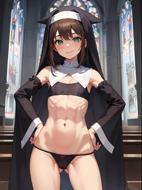 1girl, female focus, solo, underwear, panties, navel, abs, clothes lift, hands on hips, ass visible through thighs, smile, hat, looking at viewer, thong, green eyes, detached sleeves, habit, crossdressing, brown hair, nun, muscular, cameltoe,church.medium ...