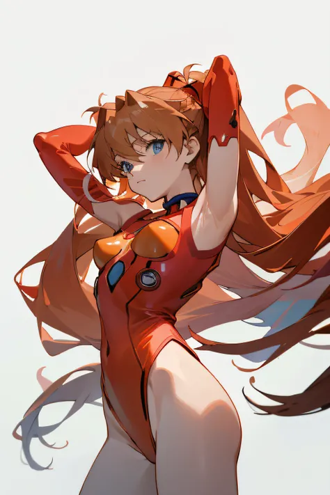 souryuu asuka langley, (Masterpiece, Best quality, Detailed), 1girll, Solo, Arms drooping, Cowboy shot, Interface headset, red leotard, Simple background.Flowing hair