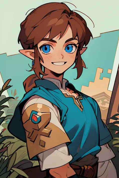 (best quality, masterpiece), 1boy, legend of zelda, link, smile, upper body, blue eyes, walnut brown hair, blue tunic with silver trimmings,