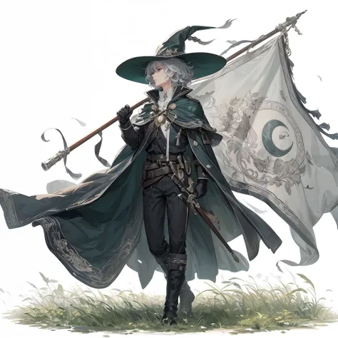 (masutepiece, Best Quality), (Perfect athlete body:1.2), (detailed hairs), Ultra-detailed, Anime style, Full body, Solo, A young man, Fantasy Bird, Dark green wide-brimmed hat and cloak, A huge military flag embroidered with a silver moon, Gray curly hair ...