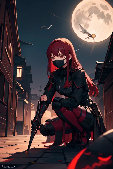 assassin,crouched,roof,girl,mature,dagger,face mask,black clothing,red hair,black smoke,night,moonlight,moon