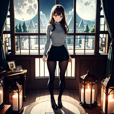 1 girl, brown hair, blue eyes, grey turtleneck, shirt, skirt, ballerina flat shoes, tights, smile, study, mansion, amazing scene...