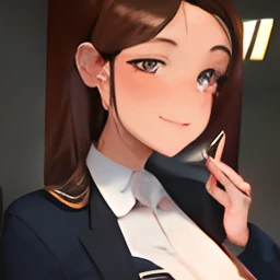 Best quality, masterpiece, ((sexy body)), girl with brown hair and glowing hazel eyes, wearing teacher uniform, smiling