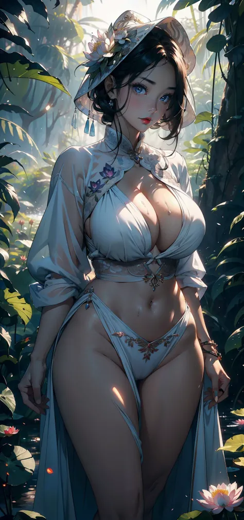 1female，45 yers old，plumw，extremely large bosom， A MILF，married woman，独奏，（Background with：the rainforest，lotus flower，Ground area water） She has very short black hair，bobo head，Stand deep in the forest，seen from the front， hair straight， mostly cloudy sky，...