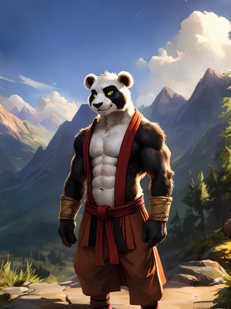 super detailed, masterpiece, full size image of a male anthro panda, standing, clearly defined furry musculature, clear abdominal muscles, kung-fu monk in pants, kenket, Bonifasko, Ross Tran,ruan jia, trending on artstation,foxovh, cinematic lighting, chin...