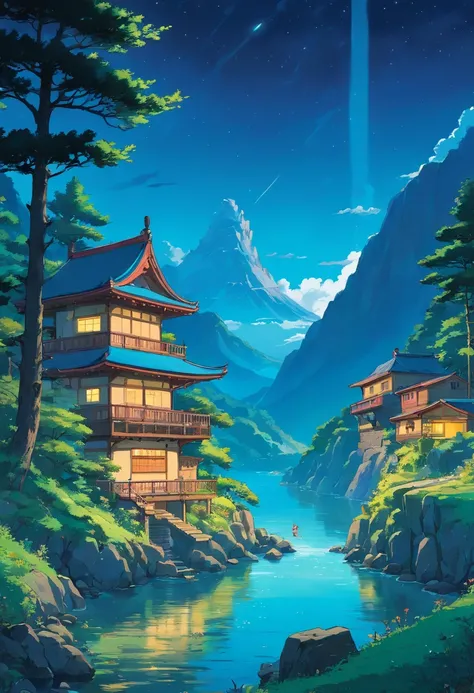 un paysage de montagne nocturne avec rivière, 2d, illustration détaillée manga coloré, cinématographique, 32K, Ultra très détaillé, de beaux détails, vif, couleurs saturées, filigrane détaillé, Petits détails, Contexte complexe, Surréalisme pop