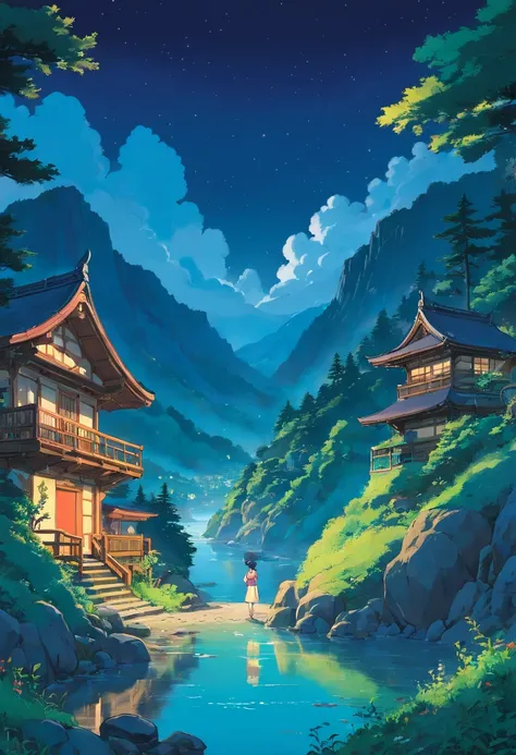 un paysage de montagne nocturne avec rivière, 2d, illustration détaillée manga coloré, cinématographique, 32K, Ultra très détaillé, de beaux détails, vif, couleurs saturées, filigrane détaillé, Petits détails, Contexte complexe, Surréalisme pop