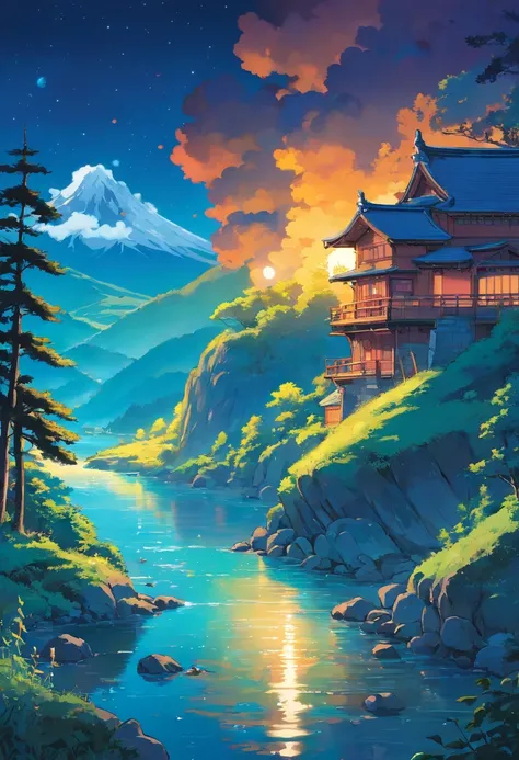 un paysage de montagne nocturne avec rivière, 2d, illustration détaillée manga coloré, cinématographique, 32K, Ultra très détaillé, de beaux détails, vif, couleurs saturées, filigrane détaillé, Petits détails, Contexte complexe, Surréalisme pop