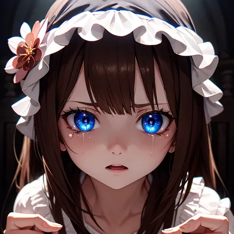 1 woman, brown hair, blue eyes, cute pajamas, holding candle, flower shaped pupils, scared expression, tears, dark, dark hall wa...