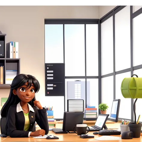 Dark-skinned woman. She is half Brazilian and half Japanese, straight black hair with side bangs, she is smiling, she is in an office