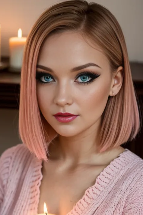 Petite 30 year old girl with short strawberry blonde hair and striking blue eyes wearing eye liner, pink lips, soft candle lighting