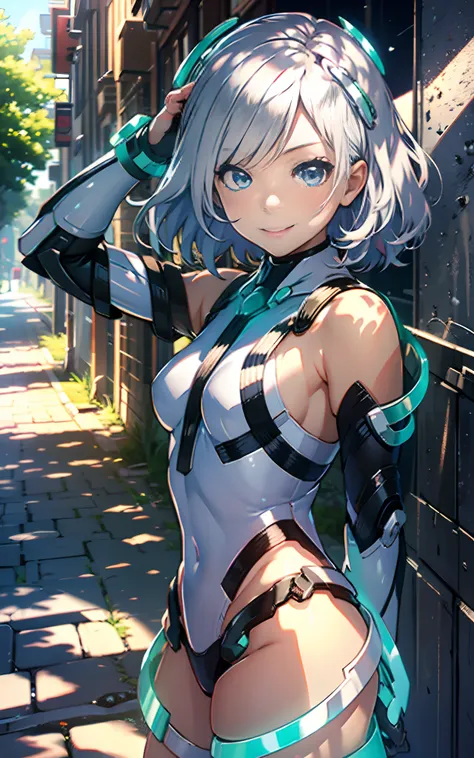 light smile, deva battle suit, outdoors, silver hair, bobhair, blue eyes, waistshot