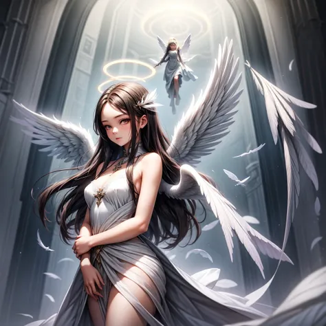 beautiful angel in white dress, art station chengwei, halo, white feathers