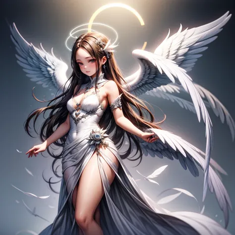 Beautiful angel in white dress, art station chengwei, halo, white feathers