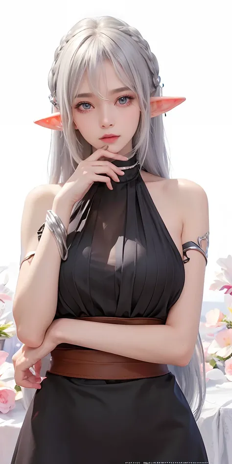 1girl,elf,huge breast ,silver hair, high quality, ultra detailed, masterpiece, realistic