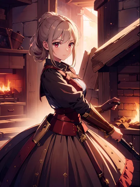 1 cute girl, (holding musket gun), rustic armor, dress ,cowboy shot , character focus , cinematic lighting, (dark red lighting), night , chignon, ((masterpiece)), ((best quality)), ((ultra-detailed)), (illustration), ((an extremely delicate and beautiful))