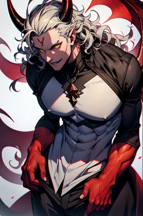 The Man with the Gray Skin, demon, A devil with horns and curls that grow out of his forehead, red skin, Yellow eyes, tiefling, Devils Tail.