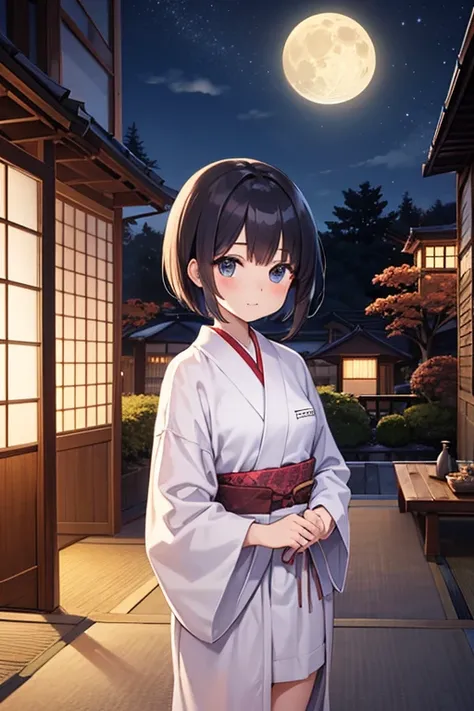 Cute girl with fashionable short haircut,bathrobe,autumn night,Japanese houses,veranda,Moon,