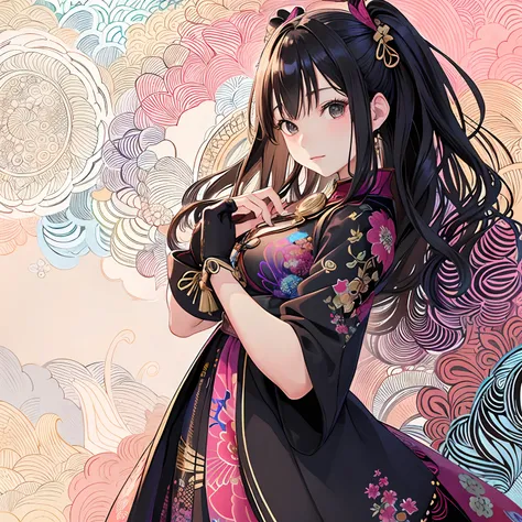 (masutepiece, of the highest quality, Best Quality, Official art, Beauty and aesthetics: 1.2), (1girl in: 1.3), Very detailed, (Fractal Art: 1.2), Colorful, best detailed, (Zentangle: 1.2), (Dynamic Pose), (Abstract background: 1.5), (Traditional clothing:...