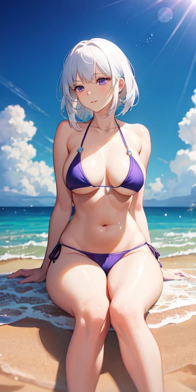 "One woman with white hair and purple eyes, Wearing a bikini, Sitting on a beautiful beach, Surrounded by enchanting particles of light and the suns rays. She sits with her hands on the sand, Knees are approaching, From a frontal perspective. Her figure sh...