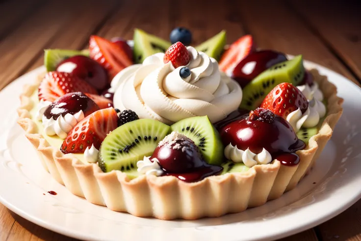 pastel, Fresh Cream　Tartle with fruit　Fruit jam, strawberry tart, kiwi, chocolate with honey, yummy, yummy　cut　1 Cut