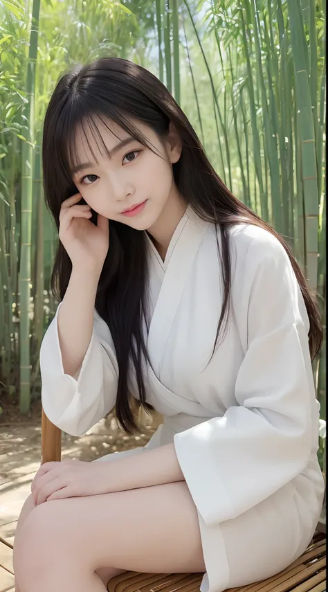 (Best quality,4K,A high resolution,Masterpiece:1.2),Realistic,White Hanfu,Long black hair,Beautiful detailed eyes,beautiful detailed lips,peaceful expression,gently smiling，Sitting in a bamboo forest，Bamboo is all green，ssmile,Semi-hidden paths,Dappled sun...