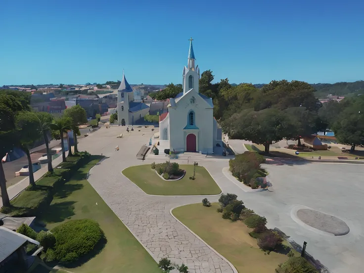 Produce a Disney poster with the church in the photo, containing benches and trees