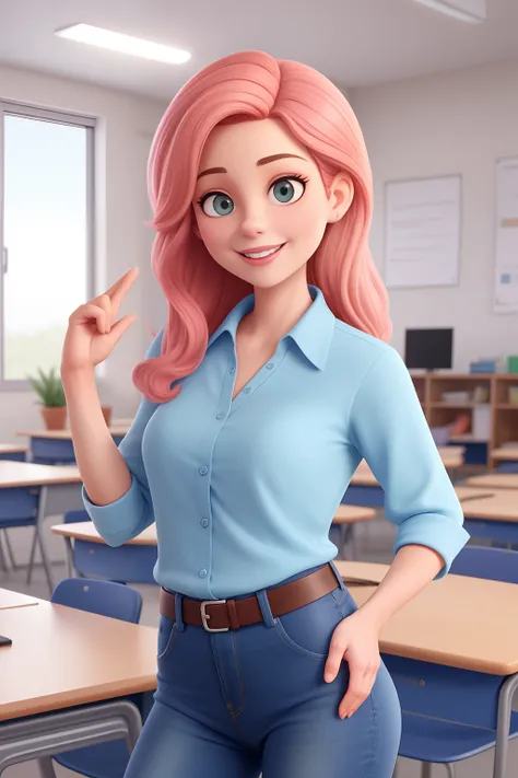 Uma mulher de 45 anos, com longos cabelos castanhos escuros , Rosto redondo, sorriso encantador, e olhos castanhos, In a classroom, studio lighting, sign language interpreter and sign language teacher. Shes wearing pink blouse and blue jeans