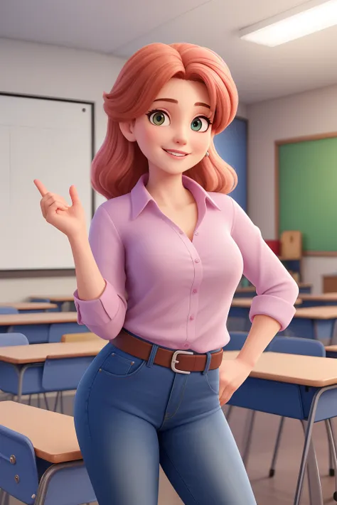 Uma mulher de 45 anos, com longos cabelos castanhos escuros , Rosto redondo, sorriso encantador, e olhos castanhos, In a classroom, studio lighting, sign language interpreter and sign language teacher. Shes wearing pink blouse and blue jeans