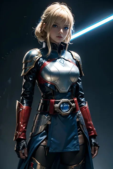 A beautiful woman with a light saber. Blonde hair and blue eyes. She wears a beautiful metallic red battle uniform. There is something on the waist that reminds me of Kamen Riders transformation belt. Shes in a spaceship. Serious look. 8K image quality.