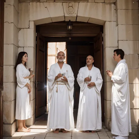 great white brotherhood of light. a small group of ancient master and lady in white robe, all in beautiful aura