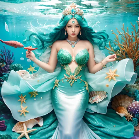 ((masutepiece、top-quality、Award-Winning Works、Highly detailed and elaborate textures、The most complex and detailed textures、Super High Detail))、Lying on a bed of giant seashells、Luxurious beautiful seashell bed、Photorealistic Little Mermaid,Mermaid tail,wi...