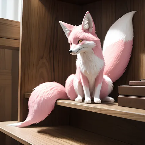 pink fox sitting on a shelf