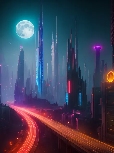 (highly detailed:1.2),(best quality:1.2),(8k:1.0),(emb-rrf-low:1.0),sharp focus,(award-winning photograph:1.2), (subsurface scattering:1.1), Futuristic cityscape with towering skyscrapers, neon-lit streets, flying cars, holographic billboards, and a full m...