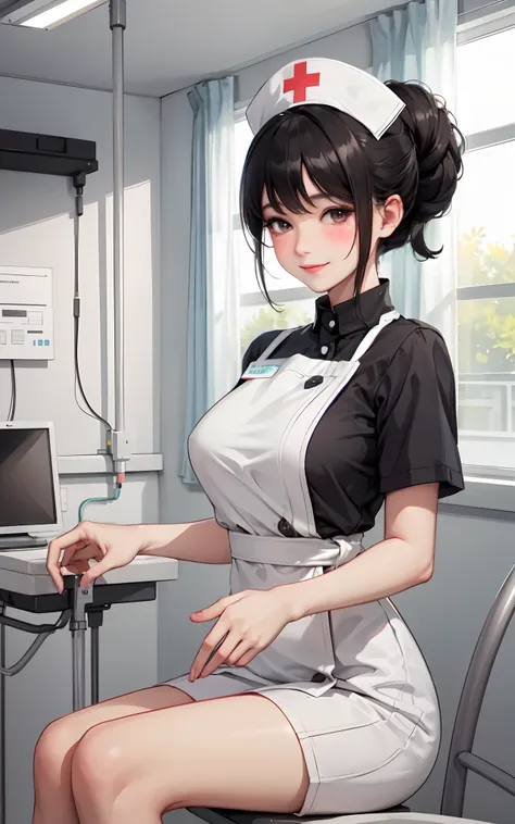 1lady solo, nurse, /(nurse uniform/), /(black hair/) hair up, blush kind smile, (masterpiece best quality:1.3) delicate illustration ultra-detailed, large breasts BREAK /(hospital indoors/)