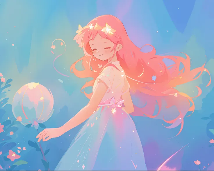 beautiful girl in sparkling flowing dress, long flowing pink hair, colorful fantasia background, watercolor illustration, disney art style, glowing aura around her, glowing lights, beautiful digital illustration, fantasia otherworldly landscape plants flow...