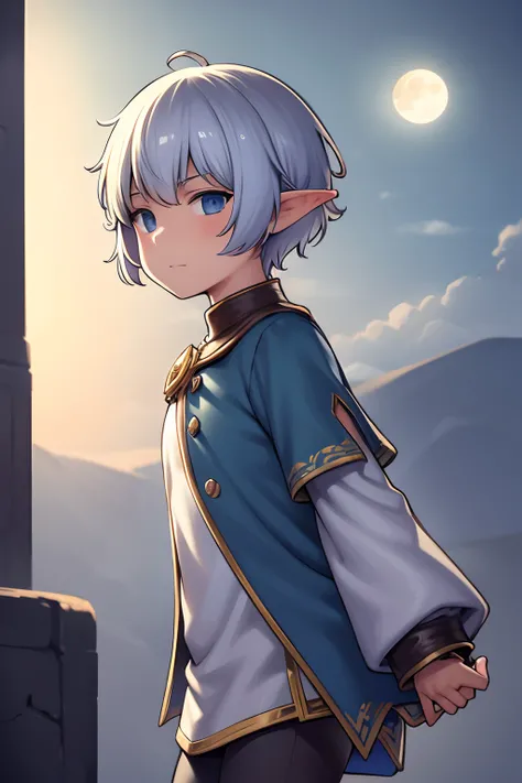 Male, little elf, short hair, moon theme, wanderer like clothing