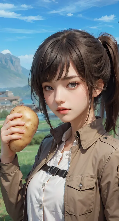 Real life adaption of this character, teen beauty face, realistic same hair, (realistic same outfit), realistic same background battlefield with black smoke, realistic light, realistic shadow, realism, hyper realistic,(photorealistic:1.2), holding potato