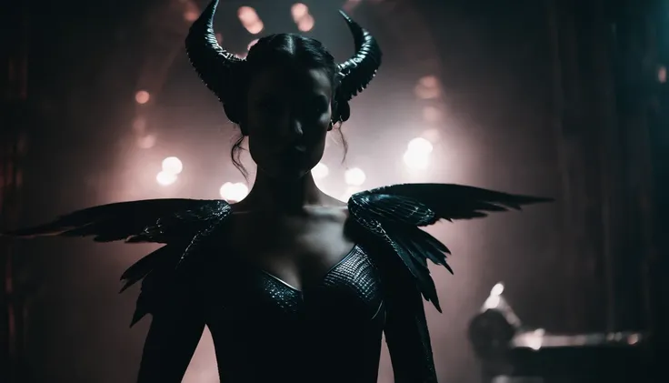 horned demon woman with black wings dressed in futuristic leotard posing for a photo in a dark studio, minimal background, falcon wings, darksynth aesthetic, horror cyberpunk, ultradetailed, masterpiece.